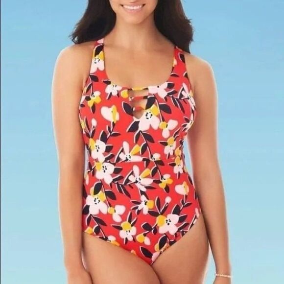Beach Betty Miracle Brands Red Floral Ladder Front One Piece Swimsuit Size XL - Picture 1 of 8